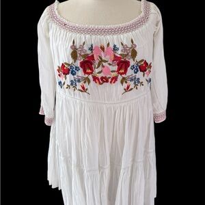 Free People White Mini Dress with Pink and Red Floral Embroidery
